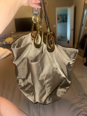 Braciano Metallic Gray Shoulder Bag with Gold Rings